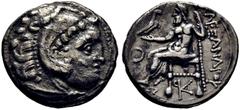 GRIEGAS / greek coins MACEDONIA. Alejandro III el Grande. Dracma eubeo-ático. Macedonia. 300-280 a.C. Cabeza de Heracles con leonté anudada al cuello con las garras. Zeus entronizado con águila y cetr