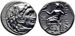 GRIEGAS / greek coins MACEDONIA. Alejandro III el Grande. Dracma eubeo-ático. 300-280 a.C. Cabeza de Heracles con leonté anudada con las garras. Zeus entronizado con águila y cetro de bolas, delante d