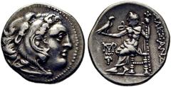 GRIEGAS / greek coins MACEDONIA. Alejandro III el Grande. Dracma eubeo-ático. 300-280 a.C. Cabeza de Heracles con leonté anudada con sus garras. Zeus entronizado con águila y cetro, delante de la rodi