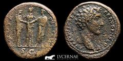 Roman Empire Roman Empire - Marcus Aurelius, as Caesar, 139-161. Bronze sestertius (27,77 g ., 33 mm.) Rome mint, 145. Wedding of Marcus Aurelius and Faustina Junior. AVRELIVS CAESAR AVG PII F COS II.