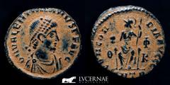 Roman Empire Valentinian II Æ Bronze Follis 2.05 g. 18 mm. Antioch 383 AD Good very fine (MBC) Roman Empire - Valentinian II (375-392 A.D.) Æ Follis, Antioch mint circa 378 - 383, (2.05 g. 18 mm.). DN
