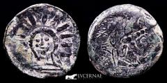 Ancient Hispania Ancient Hispania - Malaca (Malaga, Spain), Bronce As (12.84 g. 25 mm.) minted in II century B.C. Vulcano head left, tongs and punic legend. / God Helios head-on with radiated crown. F