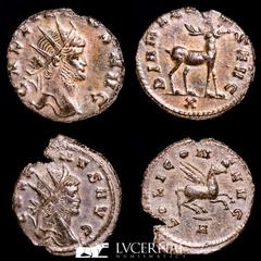 Roman Empire Roman Empire - Lot comprising two coins: Gallienus. (A.D. 253-268.) AE antoninianus. Zoo series. Rome. 1 - GALLIENVS AVG, radiate head right. DIANAE CONS AVG, deer standing right, X en ex