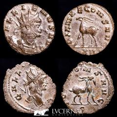 Roman Empire Roman Empire - Lot comprising two coins: Gallienus. (A.D. 253-268.) AE antoninianus. Zoo series. Rome. 1 - GALLIENVS AVG, radiate head right. DIANAE CONS AVG, Antelope standing left, XII 