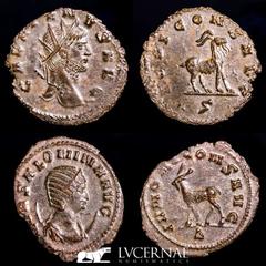 Roman Empire Roman Empire - Lot comprising two coins: Gallienus. (A.D. 253-268.) AE antoninianus. Zoo series. Rome. 1 - GALLIENVS AVG Radiate head of Gallienus to right. / IOVI CONS AVG / Digamma, Goa
