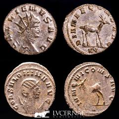 Roman Empire Roman Empire - Lot comprising two coins: Gallienus. (A.D. 253-268.) AE antoninianus. Zoo series. Rome. 1 - GALLIENVS AVG, radiate head right. DIANAE CONS AVG, Antelope standing right, XI 