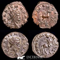 Roman Empire Roman Empire - Lot comprising four coins: Gallienus. (A.D. 253-268.) AE antoninianus. Zoo series. Rome. 1-GALLIENVS AVG Head radiate right./ SOLI CONS AVG, Winged horse prancing right. A 