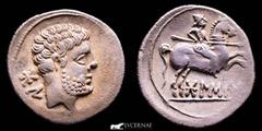 Ancient Hispania Ancient Hispania - Bolskan (Huesca, northern Spain). celtiberian silver denarius (3,91 g. 19 mm.). Celtiberian series with spear-horseman! Second century B.C. Bare bearded head to rig