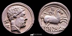 Ancient Hispania Ancient Hispania - Bolskan (Huesca, northern Spain). celtiberian silver denarius (4,02 g. 17 mm.). Celtiberian series with spear-horseman! Second century B.C. Bare bearded head to rig