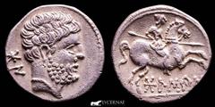 Ancient Hispania Ancient Hispania - Bolskan (Huesca, northern Spain). celtiberian silver denarius (3,80 g. 18 mm.). Celtiberian series with spear-horseman! Second century B.C. Bare bearded head to rig