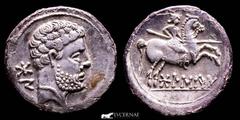 Ancient Hispania Ancient Hispania - Bolskan (Huesca, northern Spain). celtiberian silver denarius (3,84 g. 19 mm.). Celtiberian series with spear-horseman! Second century B.C. Bare bearded head to rig