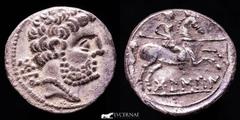 Ancient Hispania Ancient Hispania - Bolskan (Huesca, northern Spain). celtiberian silver denarius (3,52 g. 18 mm.). Celtiberian series with spear-horseman! Second century B.C. Bare bearded head to rig