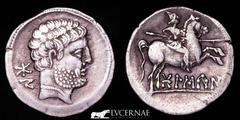 Ancient Hispania Ancient Hispania - Bolskan (Huesca, northern Spain). celtiberian silver denarius (3,95 g. 19 mm.). Celtiberian series with spear-horseman! Second century B.C. Bare bearded head to rig