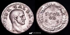 Roman Empire Roman Empire - Galba (AD 68-69). Silver denarius (3,21 g, 17 mm.). Rome mint. IMP SER GALBA AVG, bare head right. SPQR OB C S in three lines within oak wreath. RIC 167; RSC 287; BN 76-7 G