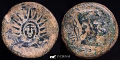 Ancient Hispania Ancient Hispania - Malaca (Malaga, Spain), Bronce As (13,10 g. 25 mm.) minted in II century B.C. Vulcano head right, tongs and punic legend behind, all inside laurel wreath. / God Hel