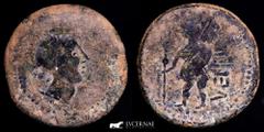 Ancient Hispania Ancient Hispania, Roman Republic times - Ventipo (Casariche, Sevilla) Bronce As (24,88 g. 32 mm.). 150-50 BC. Head to right with helmet. / Soldier with shield and trident on the right