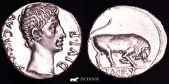 Roman Empire Roman Empire. - Augustus (27 B.C. - 14 A.D.) Silver denarius (3.85 g 18 mm ) Lugdunum mint, 15-13 B.C. AVGVSTVS DIVI·F (↺), bare head right. IMP•X, bull charging right, head lowered, thra
