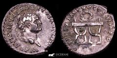 Roman Empire Roman Empire. - Titus AD 79-81. Silver Denarius (3,09 g., 18 mm.) Minted in Rome. IMP TITVS CAES VESPASIAN AVG P M (↺), laureate head right / TR P IX IMP XV COS VIII P P, curule chair sur