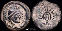 Ancient Hispania Ancient Hispania - Malaca (Malaga, Spain), Bronce As (14,22 g. 26 mm.) minted in II century B.C. Vulcano head left, tongs and punic legend. / God Helios head-on with radiated crown. F