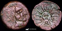 Ancient Hispania Ancient Hispania Malaca (Malaga, Spain), Bronce As (11,67 g. 26 mm.) minted around 120-80 B.C. Vulcano head right, tongs and punic legend behind. God Helios head-on with radiated crow