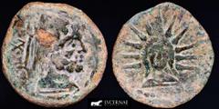 Ancient Hispania Ancient Hispania - Malaca (Malaga, Spain), Bronce As (11,82 g. 26 mm.) minted in II century B.C. Vulcano head right, tongs behind and punic legend on front. / God Helios head-on with 