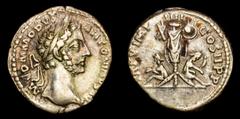 Roman Imperial Coins Roman Empire Commodus. A.D. 177-192. Silver denarius. Rome. Obv.: M COMMODVS ANTONINVS AVG, laureate head right / Rev.: TR P V IMP IIII COS II P P, trophy between captives. RIC 9a