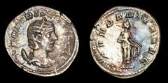 Roman Imperial Coins Roman Empire - Herennia Etruscilla and Trajan Decius Hybrid silver antoninanus (249-251 A.D). This coins was restruck on a Severus Alexander silver denarius. Unpublished and extre