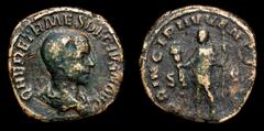 Roman Imperial Coins Herennius Etruscus, as Caesar, AE Sestertius. Q HER ETR MES DECIVS NOB C, bare-headed, draped & cuirassed bust right / PRINCIPI IVVENTVTIS S-C, Herennius standing left, holding st