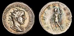 Roman Imperial Coins Volusian. A.D. 251-253. AR antoninianus. Rome, A.D. 251/2. IMP CAE C VIB VOLVSIANO AVG, radiate, draped and cuirassed bust of Volusian right VIRTVS AVGG, Virtus standing left, lea