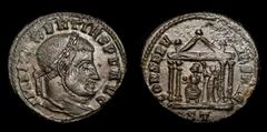 Roman Imperial Coins Maxentius, AE follis, Ticinum. AD 308-309. IMP MAXENTIVS PF AVG, laureate head right / CONSERV-VRB SVAE, Roma seated left in tetrastyle temple, knobs as acroteria, nothing in pedi