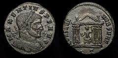 Roman Imperial Coins MAXENTIUS (307-312). Follis. Ticinum. Obv: MAXENTIVS P F AVG. Laureate, draped and cuirassed bust right. Rev: CONSERV VRB SVAE / PT. Hexastyle temple, containing Roma, with head l