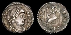 Roman Imperial Coins VALENS (364-378). Siliqua. Treveri. Obv: D N VALENS P F AVG. Diademed, draped and cuirassed bust right. Rev: VRBS ROMA / TRPS•. Roma seated left on throne, holding victoriola and 
