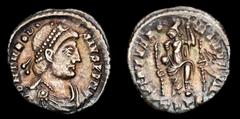 Roman Imperial Coins Theodosius I AR Siliqua. Treveri (Trier), AD 388-395. D N THEODOSIVS P F AVG, pearl-diademed, draped and cuirassed bust right / VIRTVS ROMANORVM, Roma seated left on cuirass, hold
