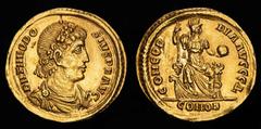 Roman Imperial Coins Roman Empire - Theodosius I, AD 379-395. Gold solidus, Constantinople, AD 379-383. CONCORDIA AVGGG ?, D N THEODOSIVS P F AVG, rosette-diademed, draped and cuirassed bust right. CO