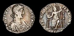 Roman Imperial Coins Flavius Victor AR Half Siliqua. Treveri, AD 387-388. D N FL VICTOR P F AVG, pearl-diademed, draped and cuirassed bust right / VIRTVS ROMANORVM, Roma enthroned facing, head left, h