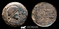 Ancient Hispania Ancient Hispania. Obulco (Porcuna, Jaen), bronze As (16.54 g., 30 mm.). Minted in the II century B.C. Diademed female head right OBVLCO / L AIMIL / M IVNI / AID. between plow and ear.