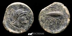 Ancient Hispania Ancient Hispania, Sexi (Almuñécar, Granada). Bronce semis (4,45 g. 20 mm). Minted between 150-50 B.C. Helmeted head to the right. Tuna on the right, above letter Alef, below Punic leg