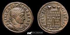 Roman Empire Roman Empire - Crispus - AE follis., Arles. FL CRISPVS NOB CAES, laureate, draped, cuirassed bust right / PROVIDENTIA CAESS, campgate. Mintmark: S star AR. RIC VII Arles 263-266. Cleaned 