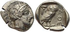 GRIECHISCHE MÜNZEN ATTIKA Athen Tetradrachme ca. 430-420 Av.: Archaischer Kopf der Athena nach rechts, auf ihrem Helm drei Olivenblätter und ein Planzentrieb. Rv.: ATHE, im Quadratum Incusum Eule nach