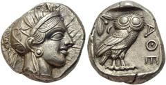 GRIECHISCHE MÜNZEN ATTIKA Athen Tetradrachme ca. 430-420 Av.: Archaischer Kopf der Athena nach rechts, auf ihrem Helm drei Olivenblätter und ein Planzentrieb. Rv.: AThE, im Quadratum Incusum Eule nach