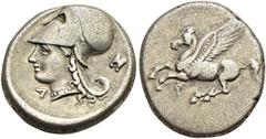 GRIECHISCHE MÜNZEN KORINTHIA Korinth Stater ca. 375-300 Av.: Pegasos nach links, darunter Koppa. Rv.: Athenakopf mit korinthischem Helm nach links, davor A, dahinter Astragalos. Calciati: 400 BCD Cori