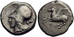 GRIECHISCHE MÜNZEN KORINTHIA Korinth Stater ca. 400-350 Av.: Pegasos nach links, darunter Koppa. Rv.: Athenakopf mit korinthischem Helm nach links, dahinter Hund. Calciati: 135 BCD Corinth: 65 8.30 g.