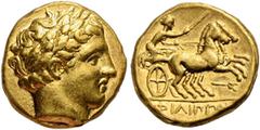 GRIECHISCHE MÜNZEN MACEDONIA Könige von Makedonien Philippos II. (359-336) Stater circa 340/336-328 Amphipolis Av.: belorbeerter Apollokopf nach rechts. Rv.: FILIPPOY, Wagenlenker mit Kentron in Biga 