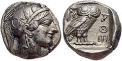 GRIECHISCHE MÜNZEN ATTIKA Athen Tetradrachme ca. 430-420 Av.: Archaischer Kopf der Athena nach rechts, auf ihrem Helm drei Olivenblätter und ein Planzentrieb. Rv.: AThE, im Quadratum Incusum Eule nach