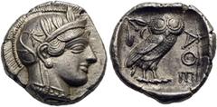 GRIECHISCHE MÜNZEN ATTIKA Athen Tetradrachme ca. 430-420 Av.: Archaischer Kopf der Athena nach rechts, auf ihrem Helm drei Olivenblätter und ein Planzentrieb. Rv.: AThE, im Quadratum Incusum Eule nach