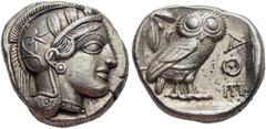 GRIECHISCHE MÜNZEN ATTIKA Athen Tetradrachme ca. 430-420 Av.: Archaischer Kopf der Athena nach rechts, auf ihrem Helm drei Olivenblätter und ein Planzentrieb. Rv.: AThE, im Quadratum Incusum Eule nach