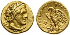 GRIECHISCHE MÜNZEN AEGYPTUS Königreich der Lagiden Ptolemaios I. Soter (323/305-283) Av-Tetarte (Goldtriobol) 294-285 v. Chr. Alexandria Av.: Diademierter Kopf des Ptolemaios I. mit Ägis nach rechts. 
