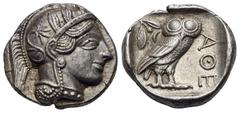 GRIECHISCHE MÜNZEN ATTIKA Athen Tetradrachme ca. 454-404 v. Chr. Av.: Archaischer Kopf der Athena nach rechts, auf ihrem Helm drei Olivenblätter und ein Pflanzentrieb. Rv.: ATE, im Quadratum Incusum E