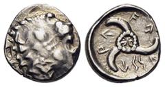 GRIECHISCHE MÜNZEN Vekhssere II. (400-380). LYCIA, Lykische Dynasten.. 1/3 Stater ca. 410-390/80 v. Chr.. Av.: Löwenskalp. Rv.: WE-XSSE-RE (in Lykisch),Triskeles mit Monogramm in Mitte. 3,12 g. SNG vo