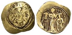 BYZANTINISCHE MÜNZEN Andronikos II. Palaiologos (1282-1328) mit Michael IX. (1295-1320). AV-Hyperpyron (Skyphat) 1305-1320, Konstantinopel.. Av.: Halbfigur der Jungfrau Maria in Mauerkranz mit sechs T